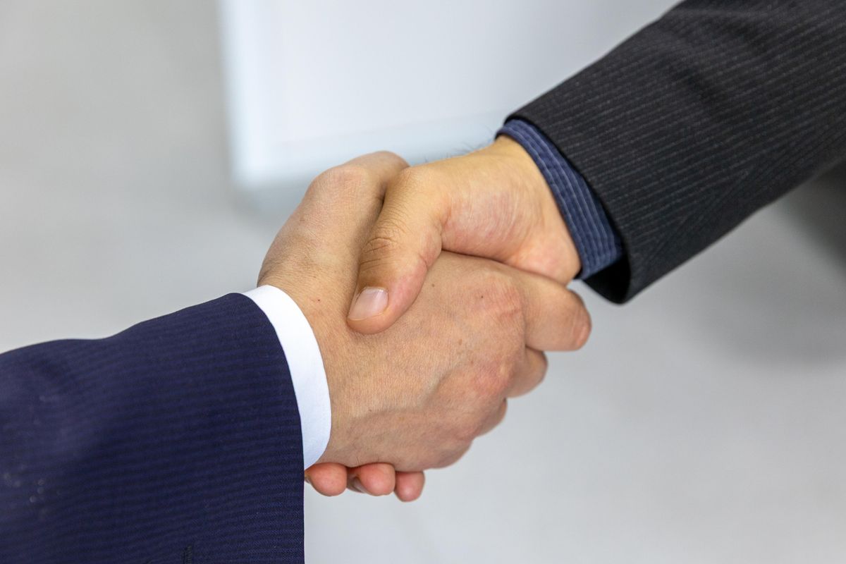 Two professionals closing a deal with a handshake
