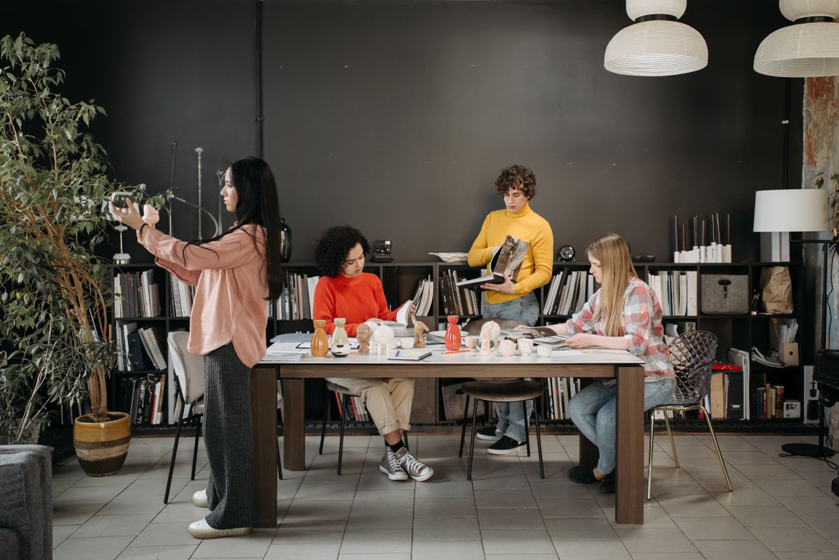 A team collaborating around a table in a modern office